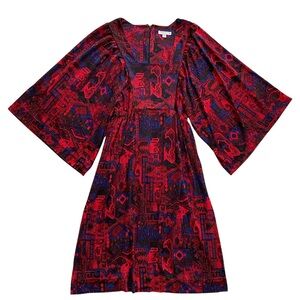 Nieves Lavi Silk Dress Red Blue Abstract Empire Waist Dolman Medium